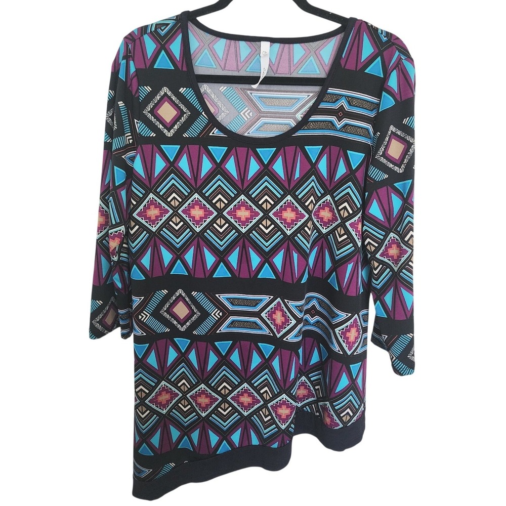 NY Collection Geometric Tribal Print Asymmetrical Sharkbite Tunic Top Festival
